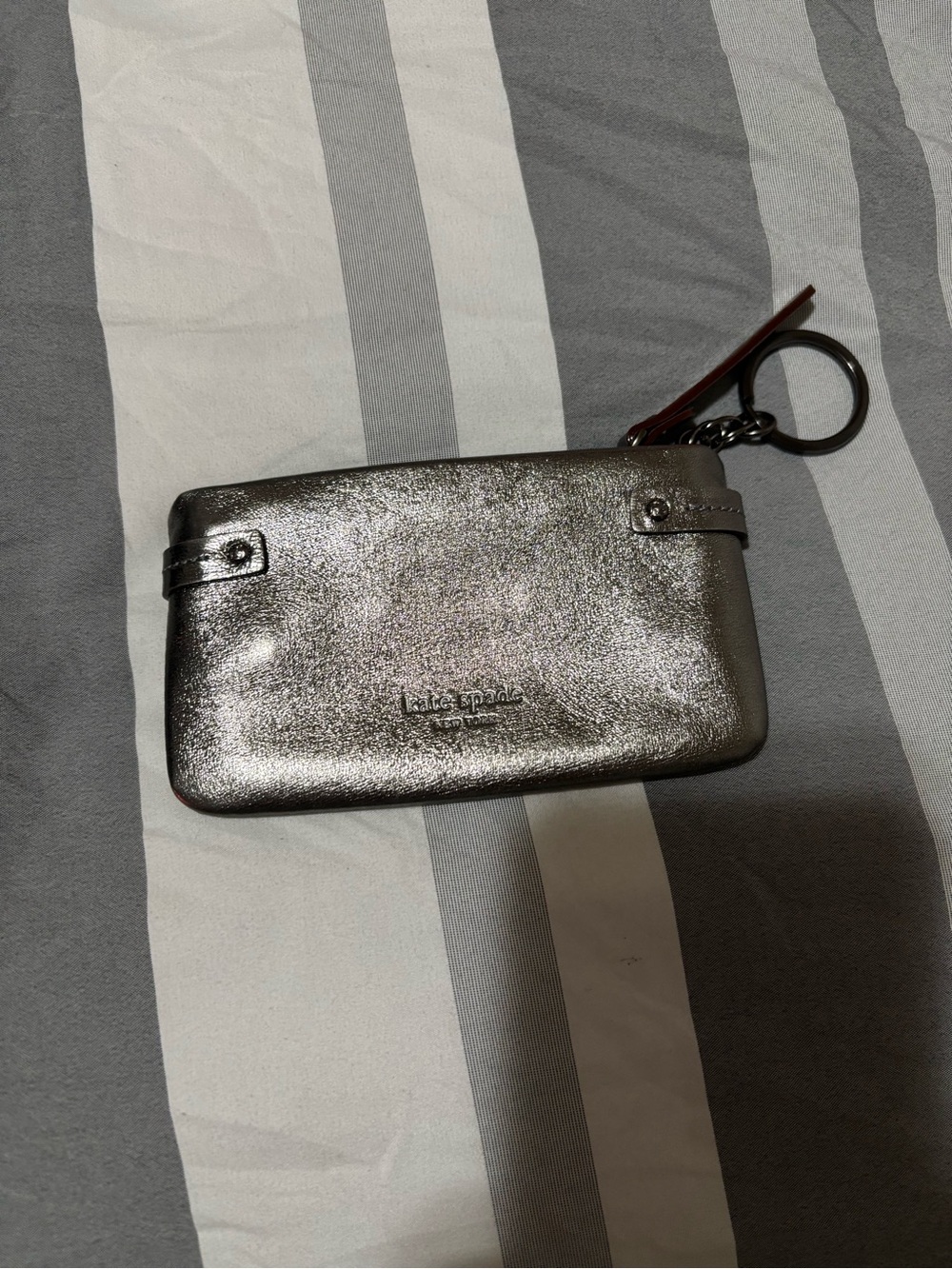 kate spade Metallic Pewter Leather Wristlet Key Pouch with Keyring